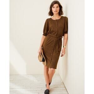 Garnet Hill‎ Smocked Elbow-Sleeve Knit Dress Button Front Spotted Print